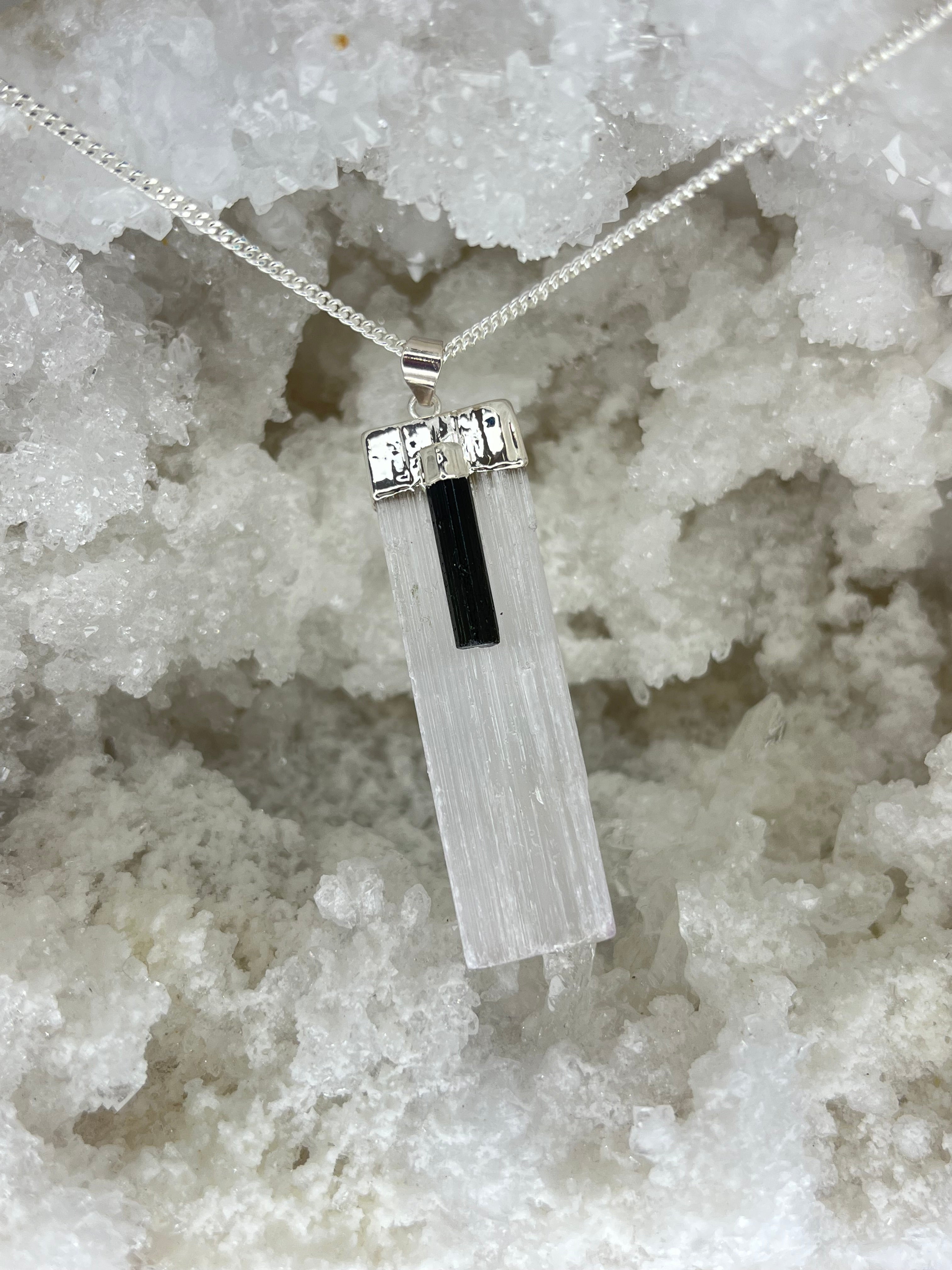 Selenite & Tourmaline Protection Wand Necklace – 20” Silver Plated