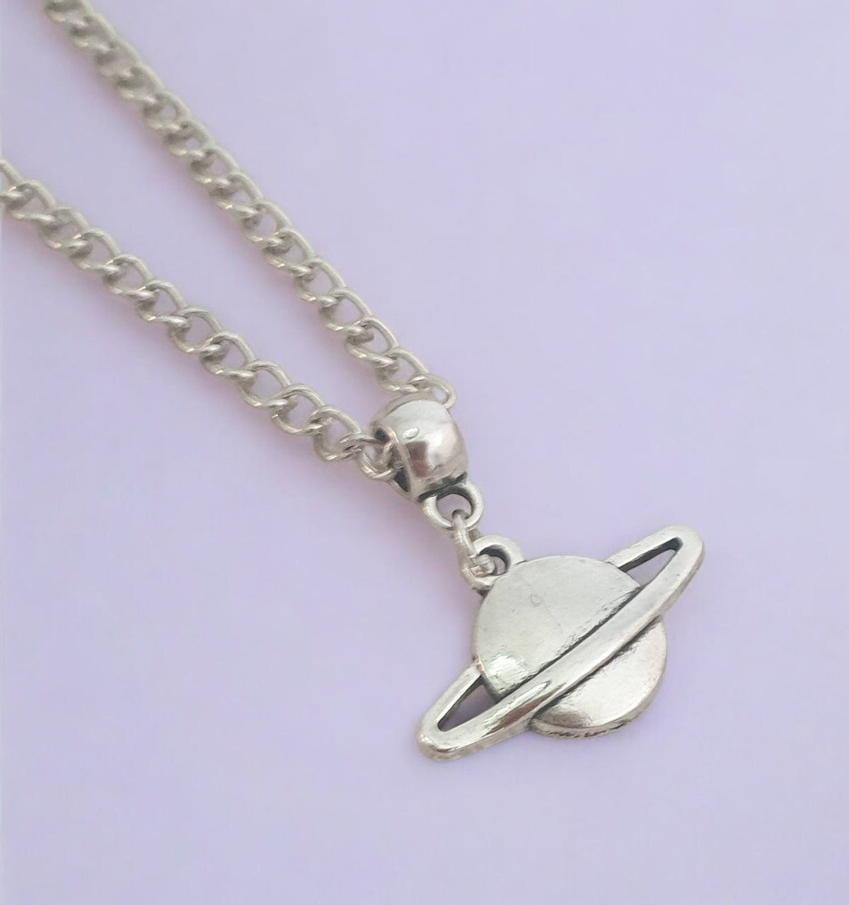 Saturn Moon Charm Necklace Silver Plated Or Waxed Cord Variable Lengths, Gift Packaged