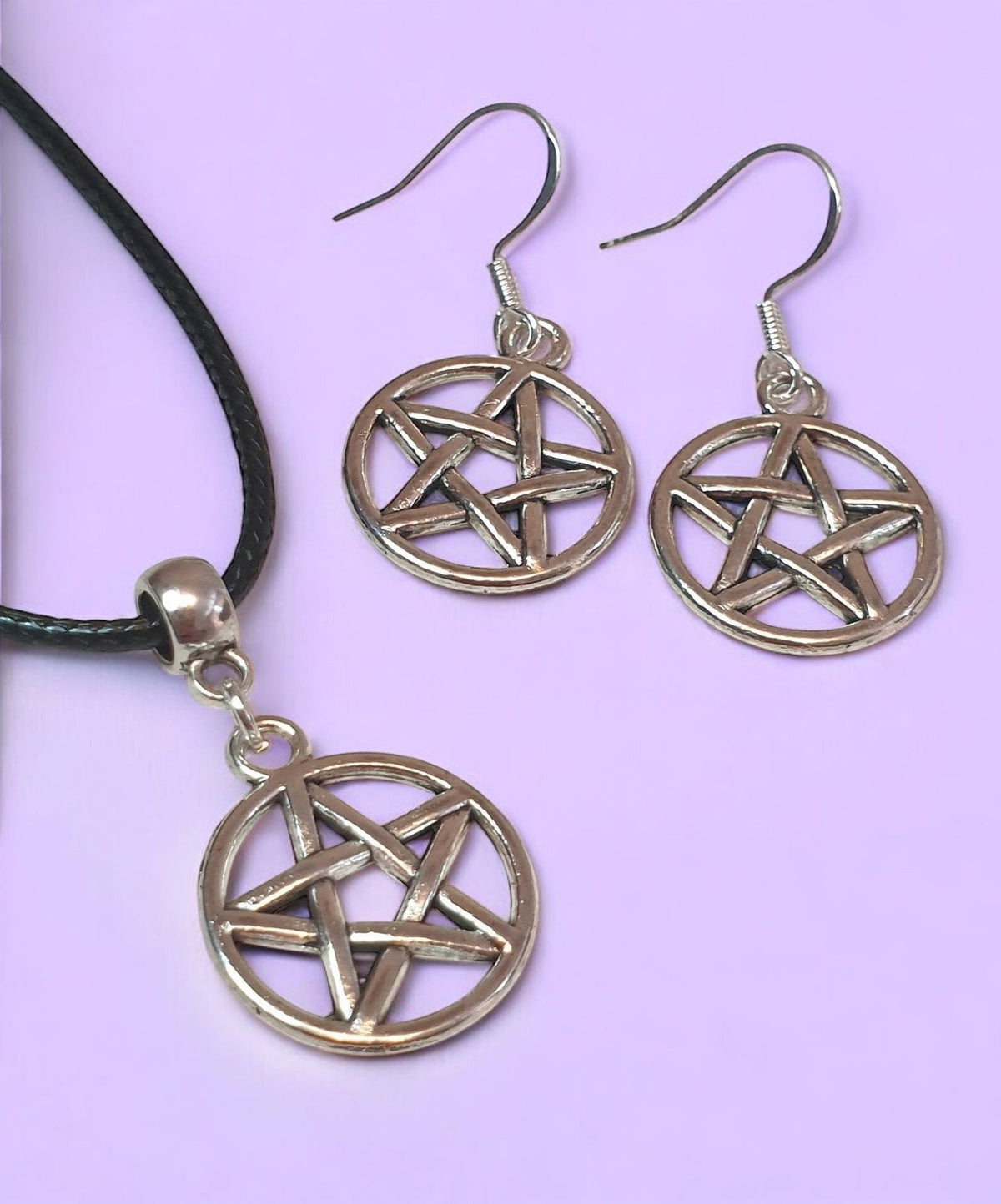 Pentagram Charm Jewellery Set, Dangly Earring And Necklace Set In Gift Bag, Cord Or Chain Options