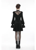 Dark In Love Avina Black Velvet Dress - Gothic Lace Neckline Long Sleeve Dress