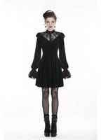 Dark In Love Avina Black Velvet Dress - Gothic Lace Neckline Long Sleeve Dress