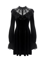 Dark In Love Avina Black Velvet Dress - Gothic Lace Neckline Long Sleeve Dress