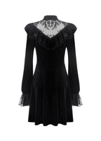 Dark In Love Avina Black Velvet Dress - Gothic Lace Neckline Long Sleeve Dress