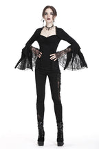Dark In Love Jemima Black Gothic Top - Lace Bell Sleeves Sweetheart Neckline