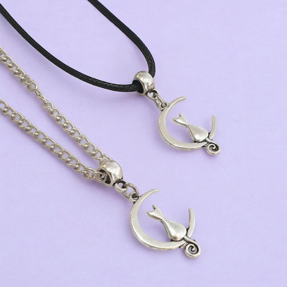 Cat And Moon Charm Necklace Silver Plated Or Waxed Cord Variable Lengths, Gift Packaged