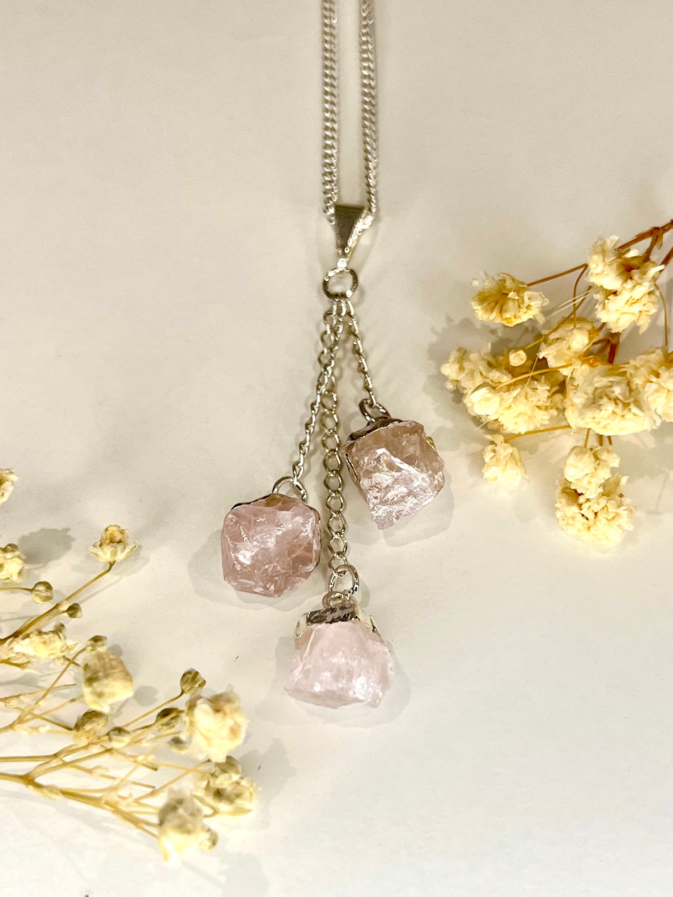 Triple Rose Quartz Pendant Necklace (20" Silver Plated Chain)