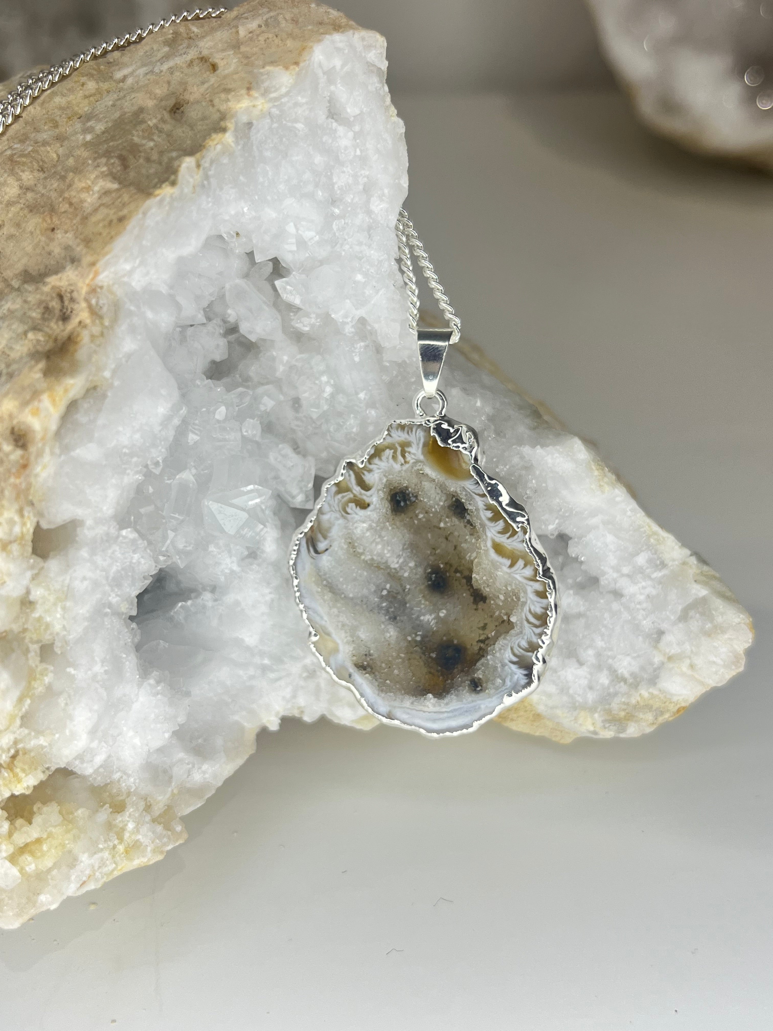 Natural Open Agate Geode Necklace - Silver Plated
