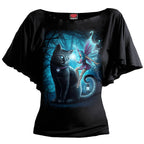 CAT AND FAIRY - Boat Neck Bat Sleeve Top Black