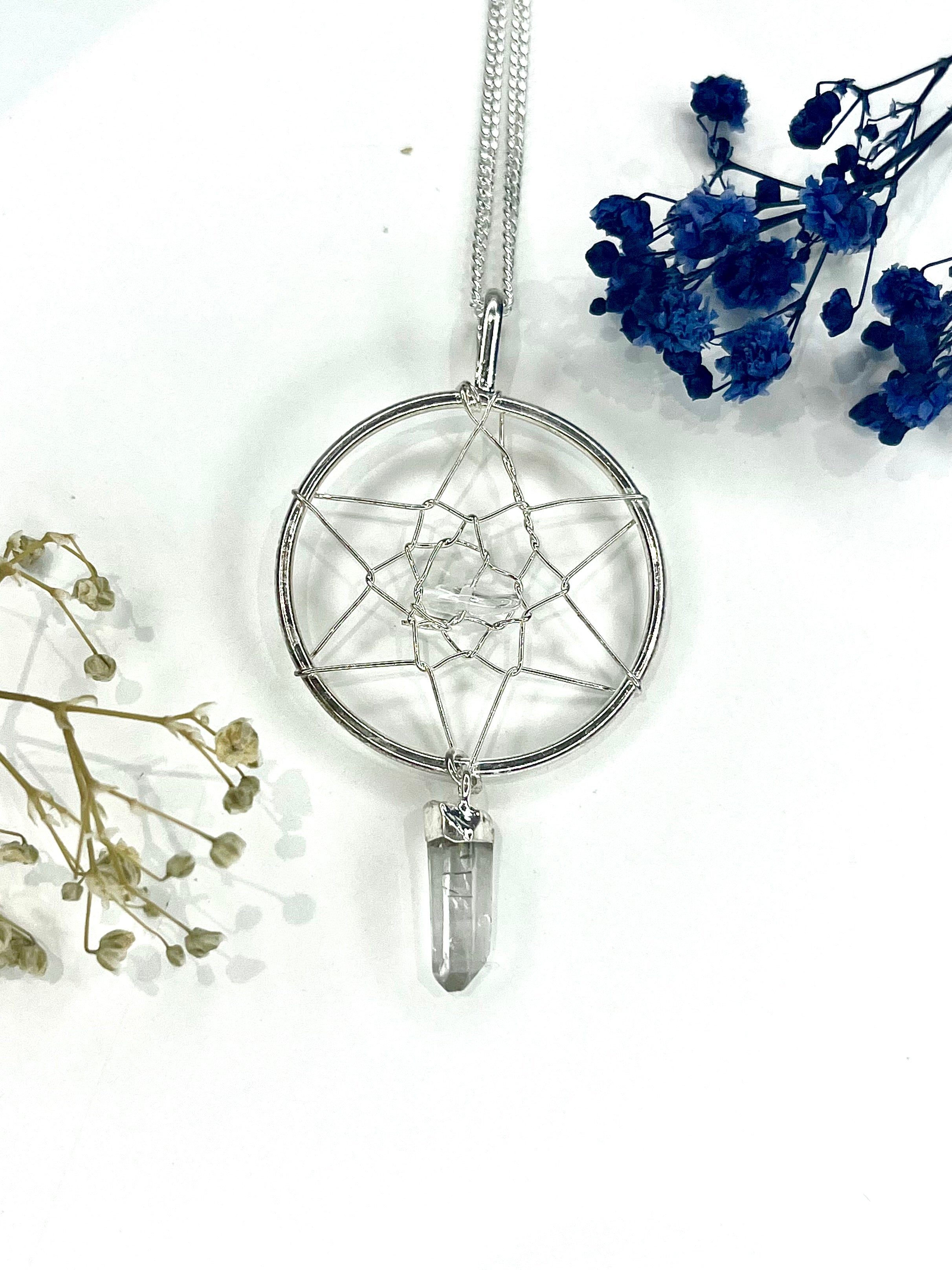 Quartz Dreamcatcher Pendant Necklace - 20” Silver Plated Chain