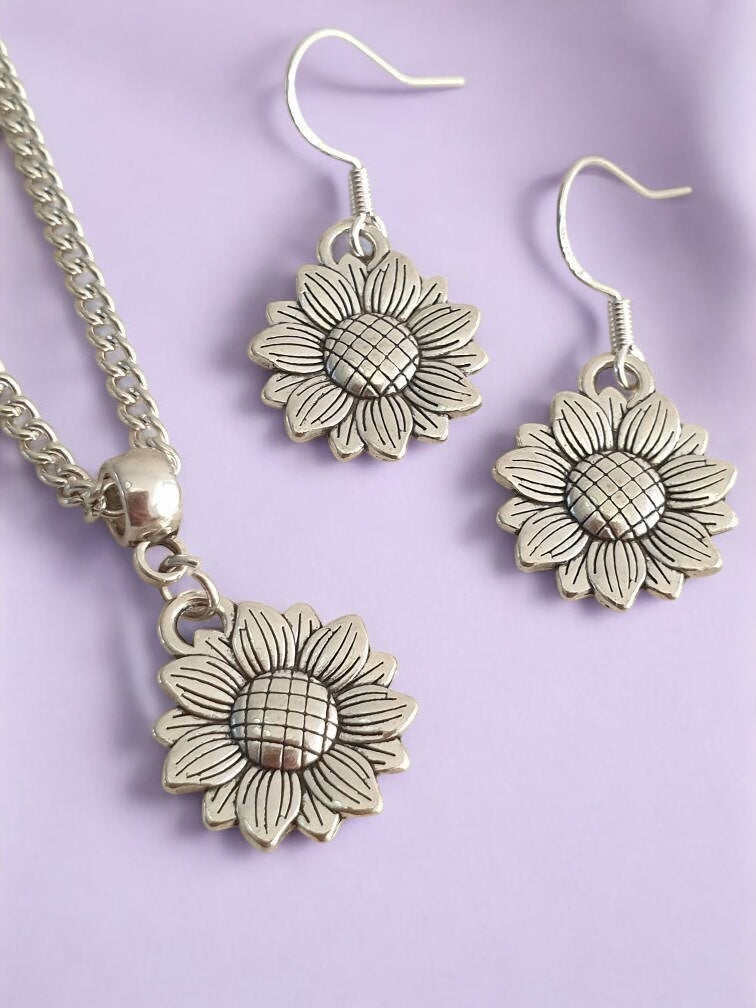 Sunflower Jewellery Set, Dangly Earring And Necklace Set In Gift Bag, Cord Or Chain Option, Gift For Her