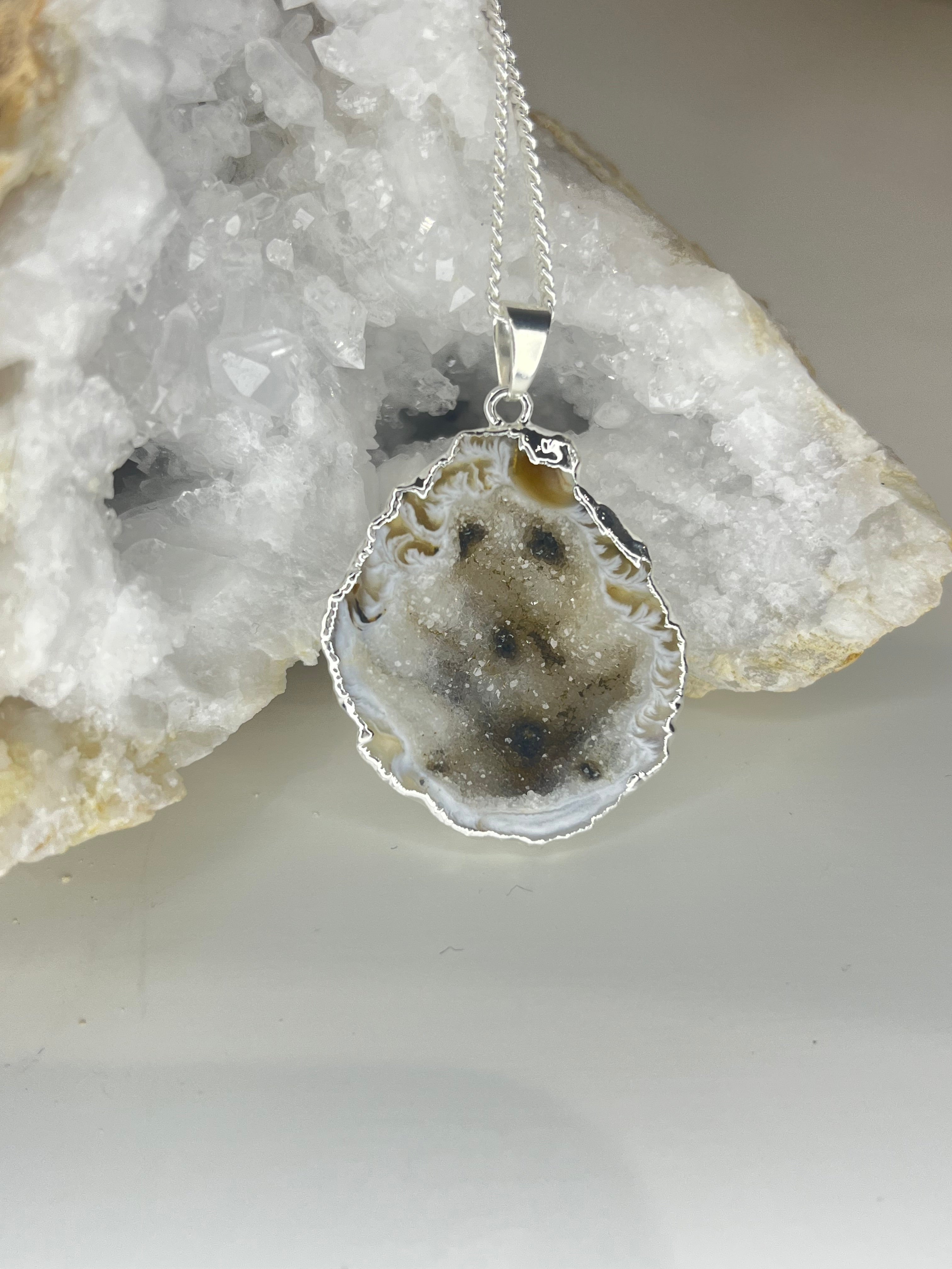 Natural Open Agate Geode Necklace - Silver Plated
