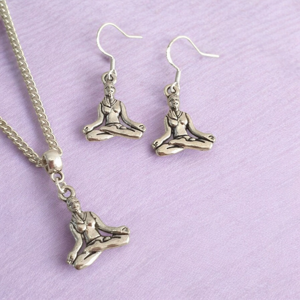 Yoga Lady Jewellery Set, Dangly Earring And Necklace Set In Gift Bag, Cord Or Chain Option