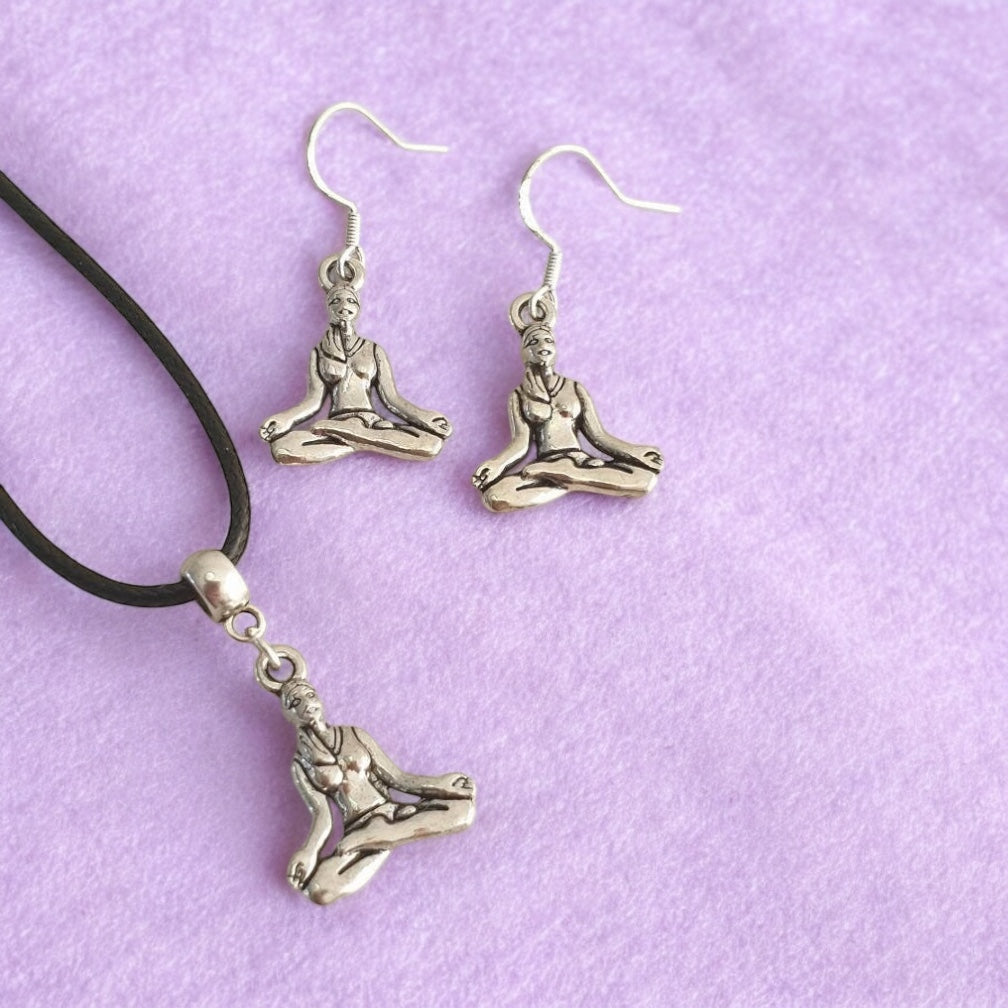 Yoga Lady Jewellery Set, Dangly Earring And Necklace Set In Gift Bag, Cord Or Chain Option
