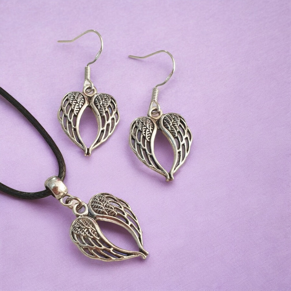 Wings Charm Jewellery Set, Dangly Earring And Necklace Set In Gift Bag, Cord Or Chain Options