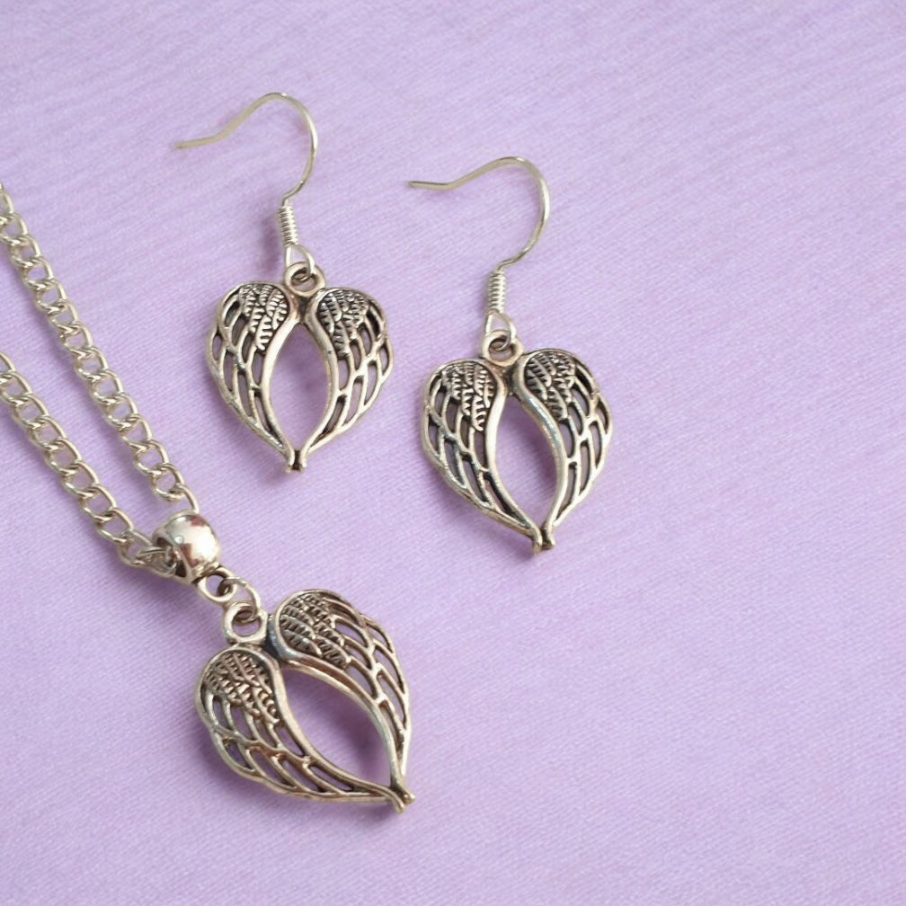 Wings Charm Jewellery Set, Dangly Earring And Necklace Set In Gift Bag, Cord Or Chain Options