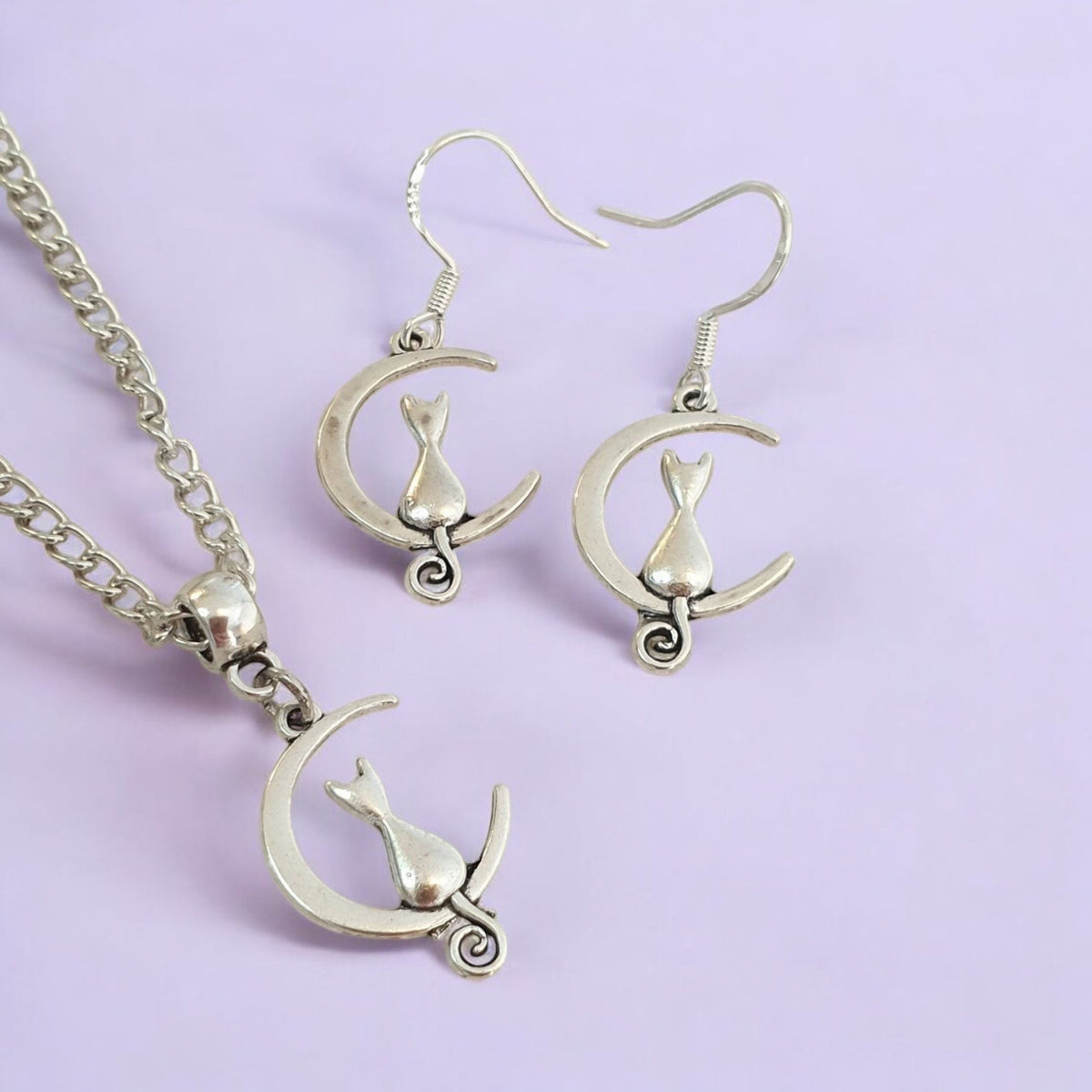 Cat And Moon Charm Jewellery Set, Dangly Earring And Necklace Set In Gift Bag, Cat Lover, Cord Or Chain Option