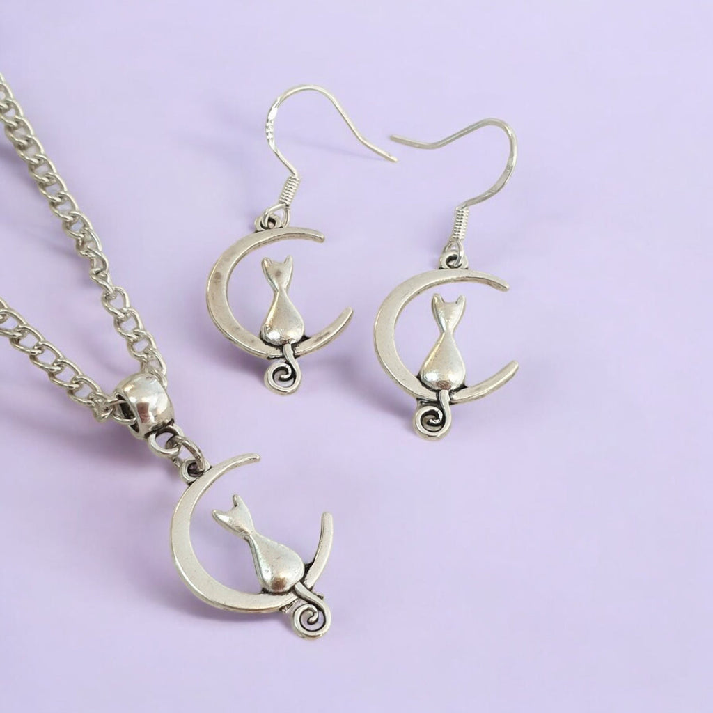 Cat And Moon Charm Necklace Silver Plated Or Waxed Cord Variable Lengths, Gift Packaged