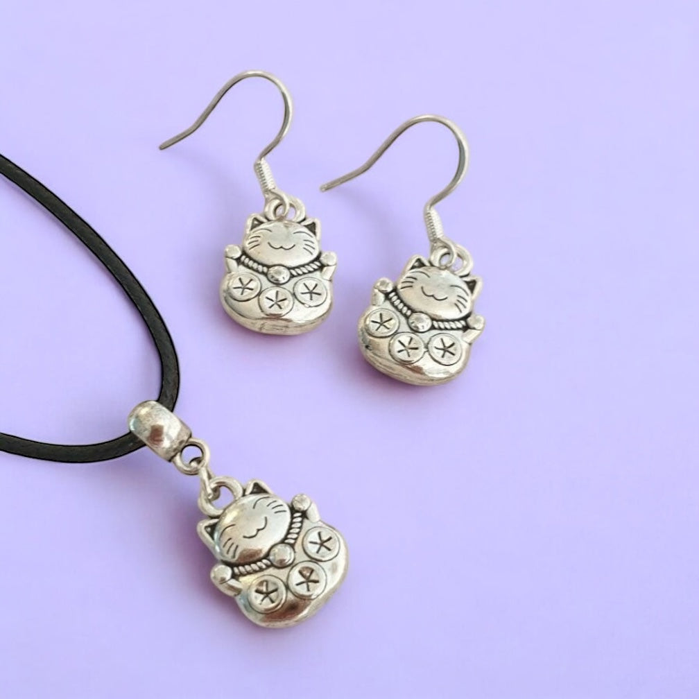 Chinese Lucky Cat Charm Jewellery Set, Dangly Earring And Necklace Set In Gift Bag, Cat Lover, Cord Or Chain Options