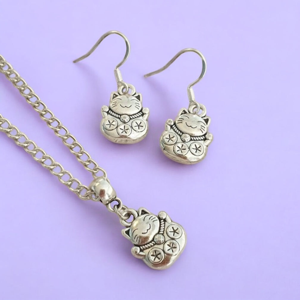 Chinese Lucky Cat Charm Jewellery Set, Dangly Earring And Necklace Set In Gift Bag, Cat Lover, Cord Or Chain Options