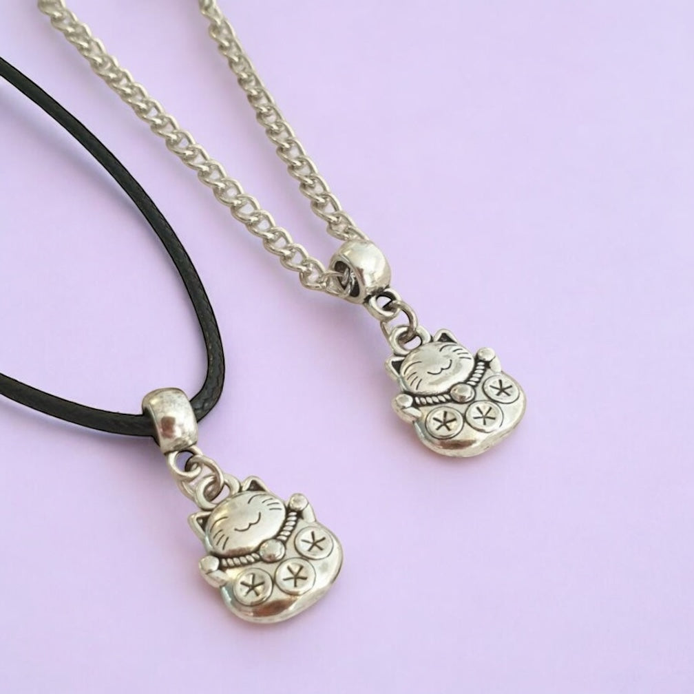 Chinese Lucky Cat Charm Necklace Silver Plated Or Waxed Cord Variable Lengths, Gift Packaged, Lucky Charm, Good Luck