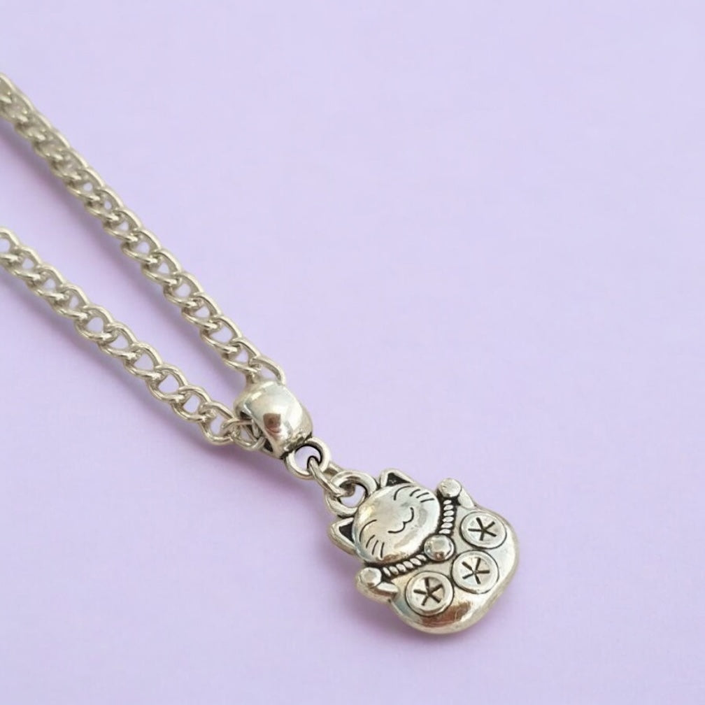 Chinese Lucky Cat Charm Necklace Silver Plated Or Waxed Cord Variable Lengths, Gift Packaged, Lucky Charm, Good Luck