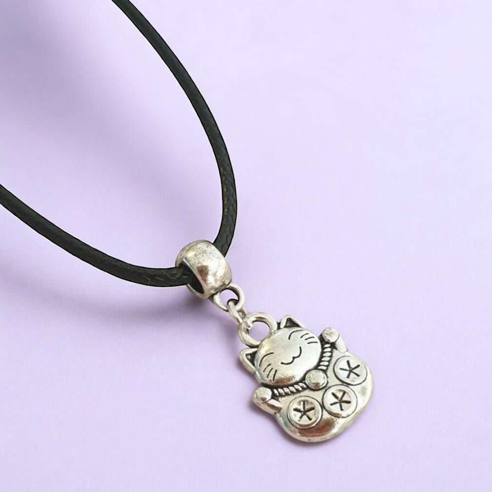 Chinese Lucky Cat Charm Necklace Silver Plated Or Waxed Cord Variable Lengths, Gift Packaged, Lucky Charm, Good Luck