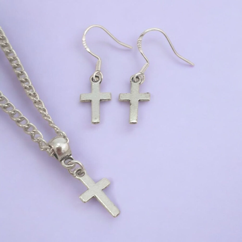 Cross Charm Jewellery Set, Dangly Earring And Necklace Set In Gift Bag
