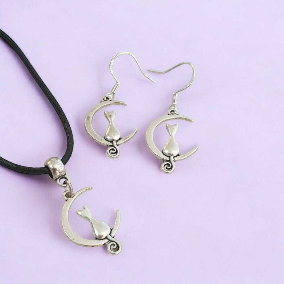 Cat And Moon Charm Jewellery Set, Dangly Earring And Necklace Set In Gift Bag, Cat Lover, Cord Or Chain Option