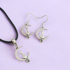Cat And Moon Charm Jewellery Set, Dangly Earring And Necklace Set In Gift Bag, Cat Lover, Cord Or Chain Option
