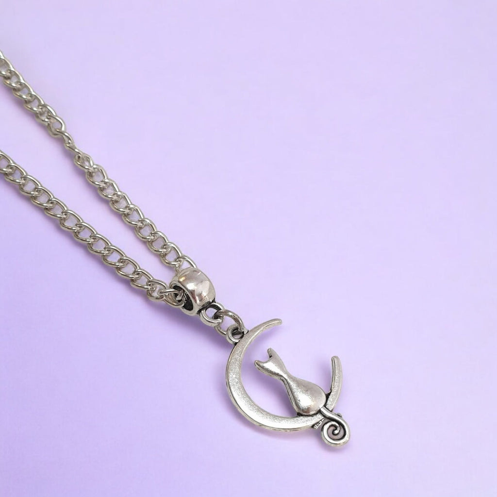 Cat And Moon Charm Necklace Silver Plated Or Waxed Cord Variable Lengths, Gift Packaged