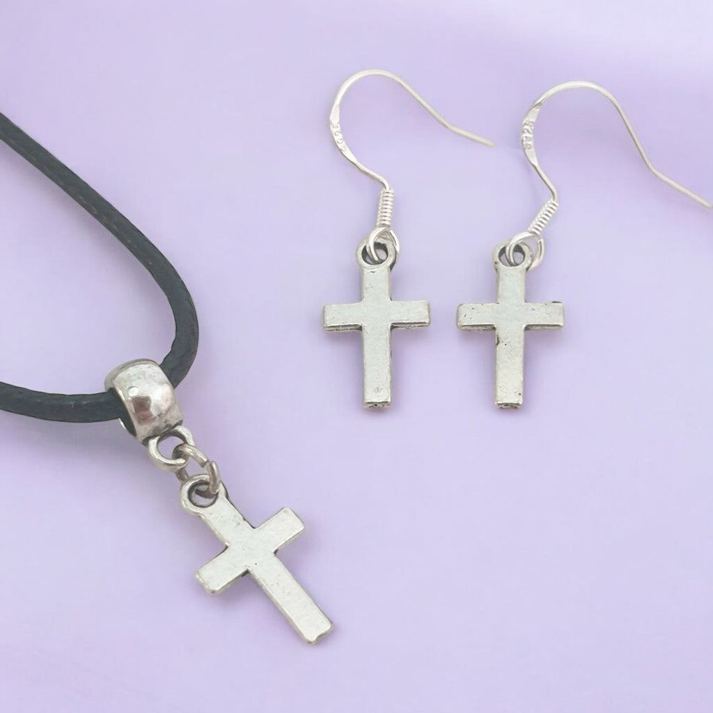 Cross Charm Jewellery Set, Dangly Earring And Necklace Set In Gift Bag