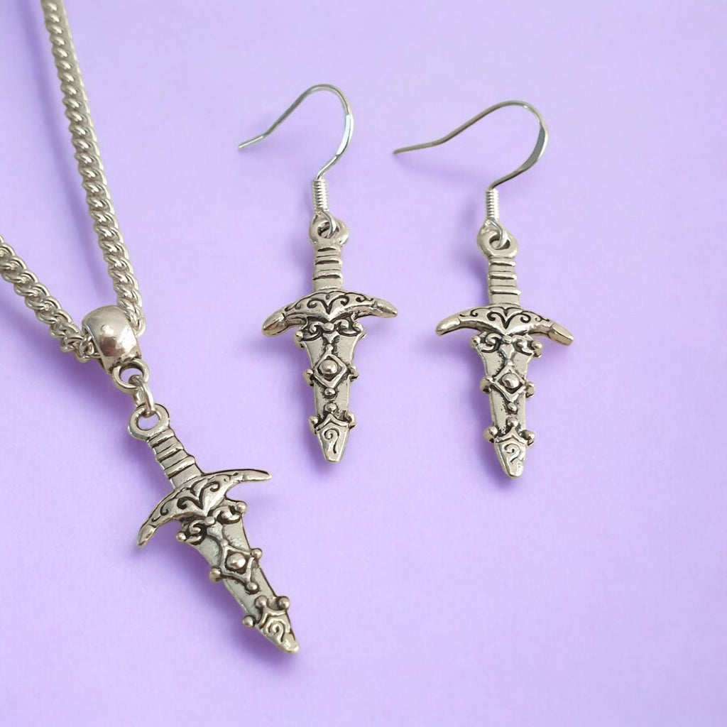 Dagger Charm Jewellery Set, Dangly Earring And Necklace Set In Gift Bag, Cord And Chain Options