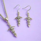 Dagger Charm Jewellery Set, Dangly Earring And Necklace Set In Gift Bag, Cord And Chain Options