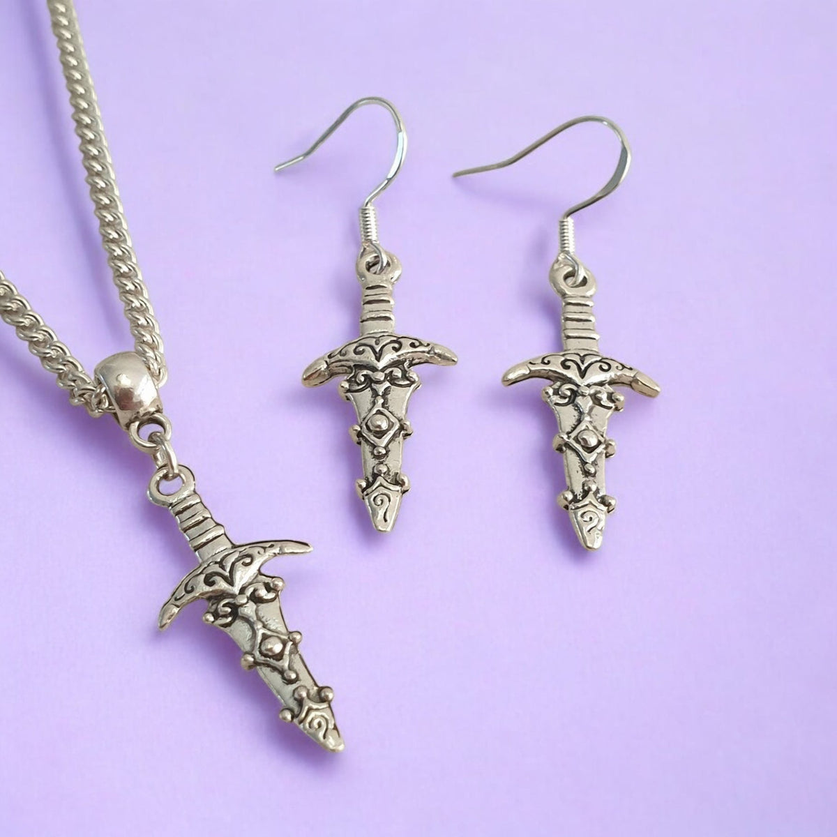 Dagger Charm Jewellery Set, Dangly Earring And Necklace Set In Gift Bag, Cord And Chain Options