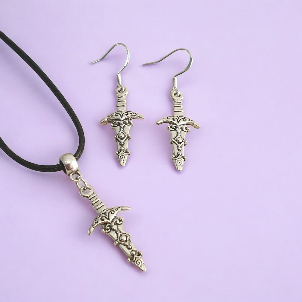 Dagger Charm Jewellery Set, Dangly Earring And Necklace Set In Gift Bag, Cord And Chain Options