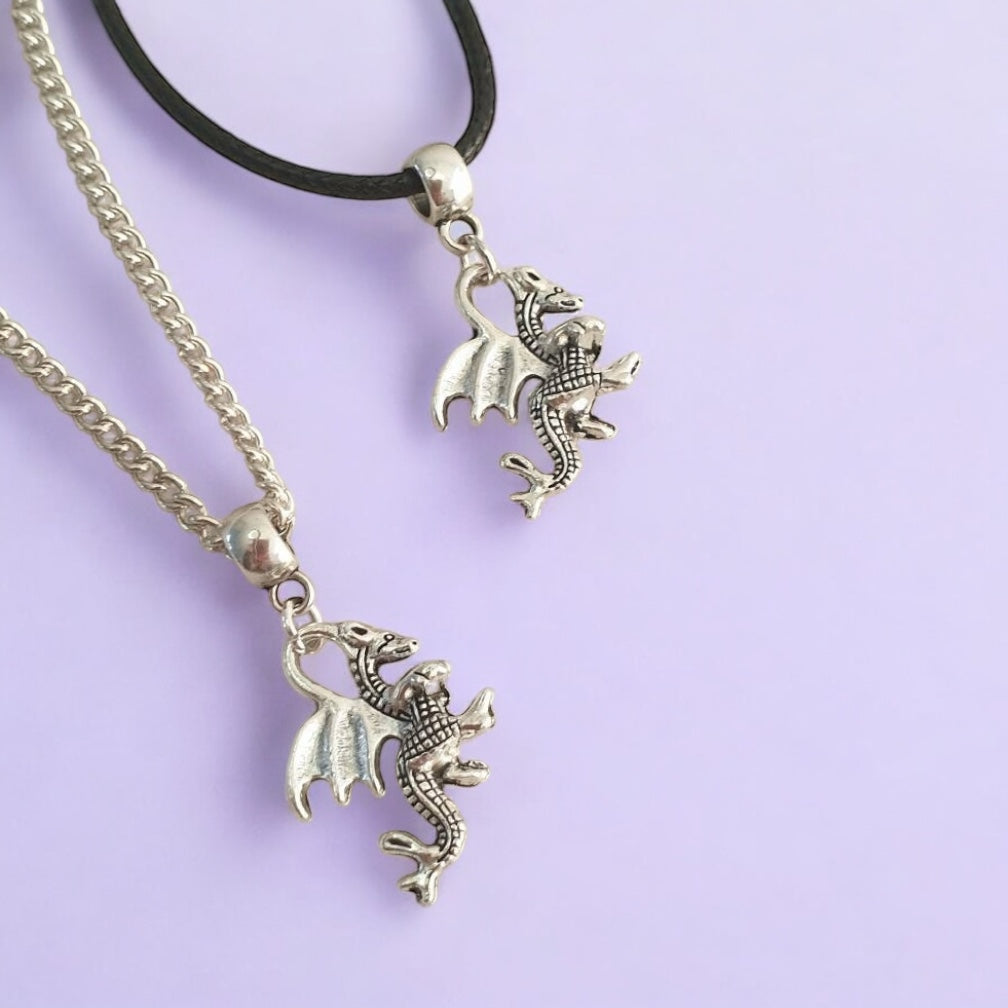 Dragon Charm Necklace Silver Plated Or Waxed Cord Variable Lengths, Gift Packaged