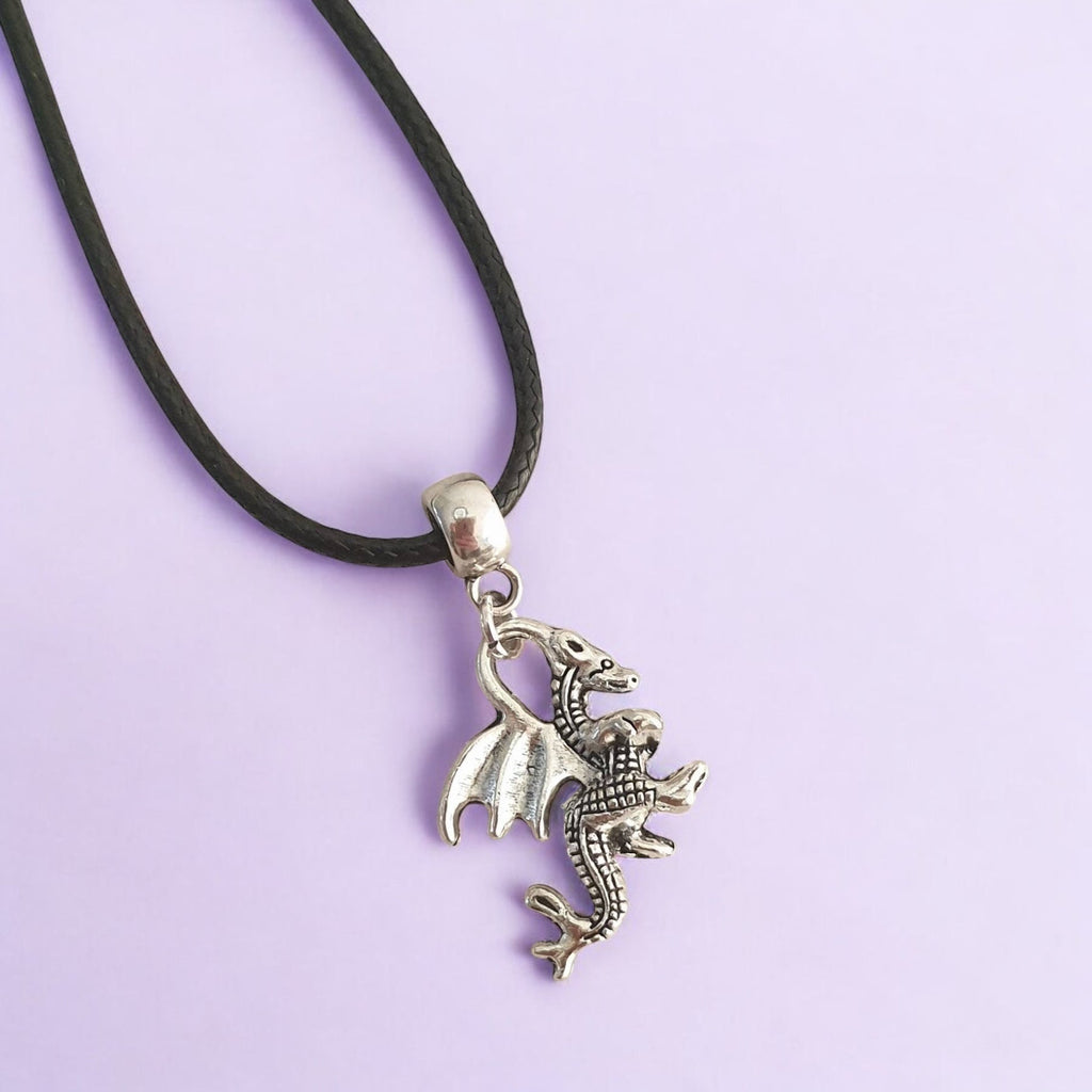Dragon Charm Necklace Silver Plated Or Waxed Cord Variable Lengths, Gift Packaged