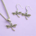 Dragonfly Charm Jewellery Set, Dangly Earring And Necklace Set In Gift Bag, Cord Or Chain Option