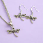 Dragonfly Charm Jewellery Set, Dangly Earring And Necklace Set In Gift Bag, Cord Or Chain Option