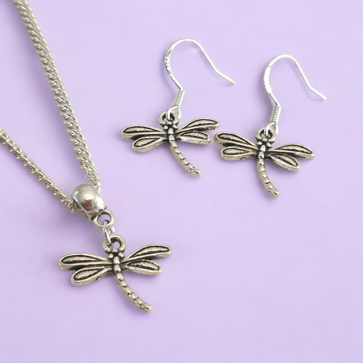 Dragonfly Charm Jewellery Set, Dangly Earring And Necklace Set In Gift Bag, Cord Or Chain Option