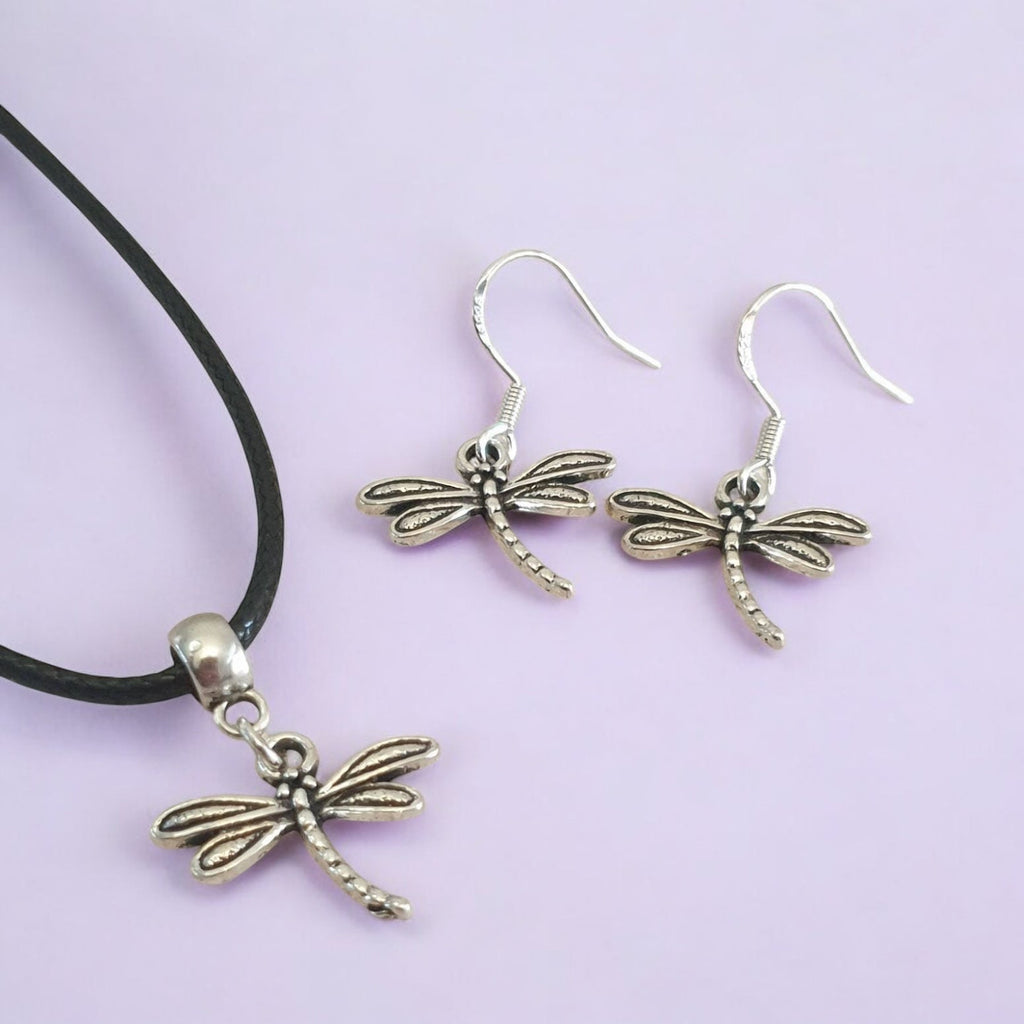 Dragonfly Charm Jewellery Set, Dangly Earring And Necklace Set In Gift Bag, Cord Or Chain Option