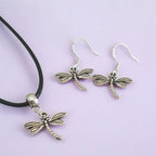 Dragonfly Charm Jewellery Set, Dangly Earring And Necklace Set In Gift Bag, Cord Or Chain Option