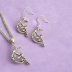 Fairy On Moon Charm Jewellery Set, Dangly Earring And Necklace Set In Gift Bag, Cord Or Chain Options