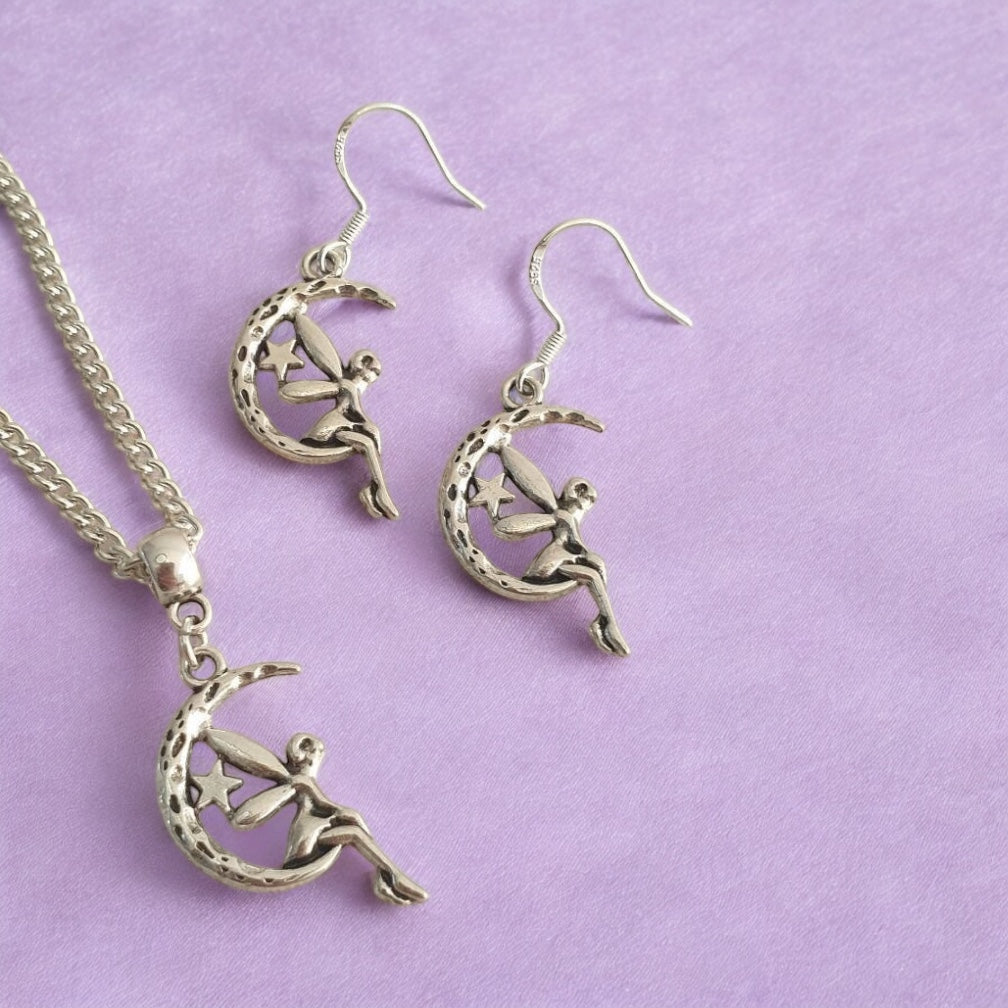 Fairy On Moon Charm Jewellery Set, Dangly Earring And Necklace Set In Gift Bag, Cord Or Chain Options