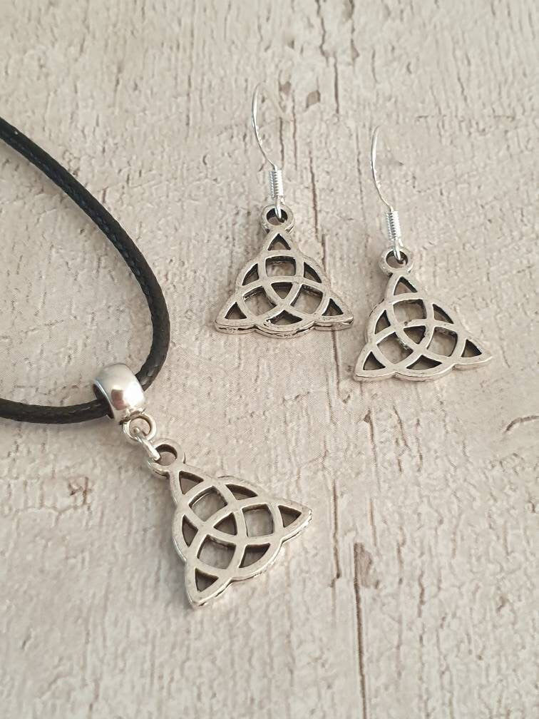 Celtic Charm Jewellery Set, Dangly Earring And Necklace Set In Gift Bag, Cord Or Chain Option