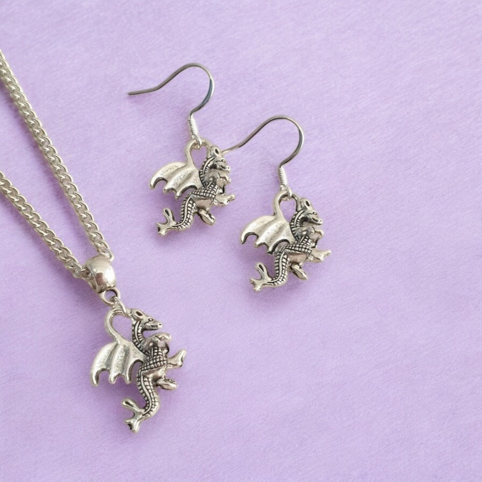 Dragon Charm Jewellery Set, Dangly Earring And Necklace Set In Gift Bag