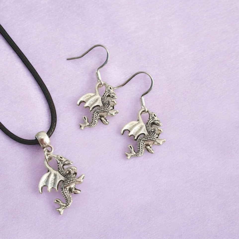 Dragon Charm Jewellery Set, Dangly Earring And Necklace Set In Gift Bag