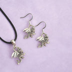 Dragon Charm Jewellery Set, Dangly Earring And Necklace Set In Gift Bag