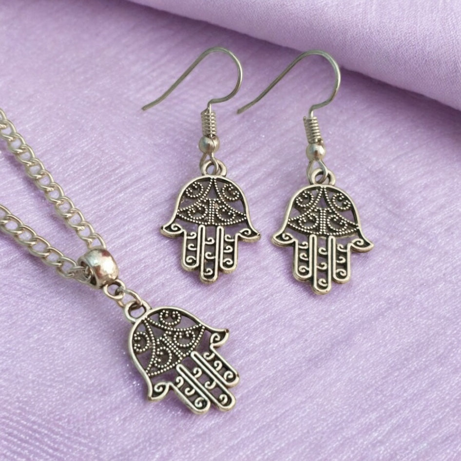 Hamsa Hand Charm Jewellery Set, Dangly Earring And Necklace Set In Gift Bag, Cord And Chain Option