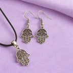 Hamsa Hand Charm Jewellery Set, Dangly Earring And Necklace Set In Gift Bag, Cord And Chain Option